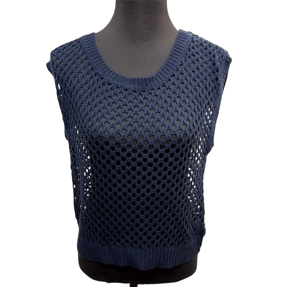 Arizona Jeans Co Open Knit Sleeveless Sweater Navy Medium